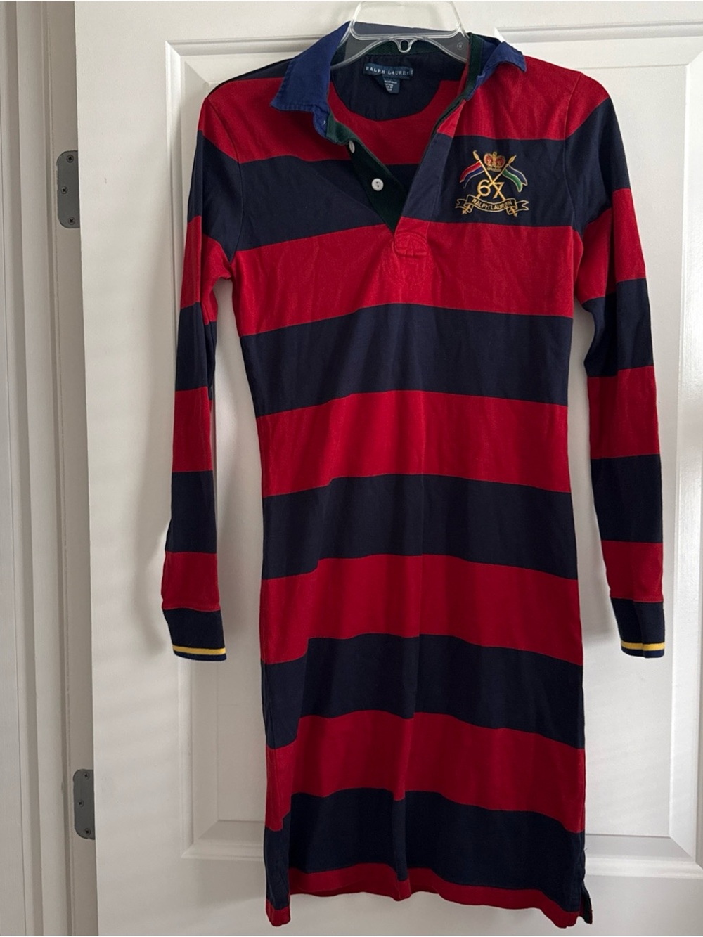 Ralph Lauren Rugby Dress SM Red Navy Long Sleeve Striped Crest Preppy collegiate